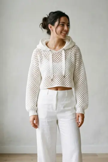 Monochrome White Mesh Cropped Hoodie Free Crochet Pattern