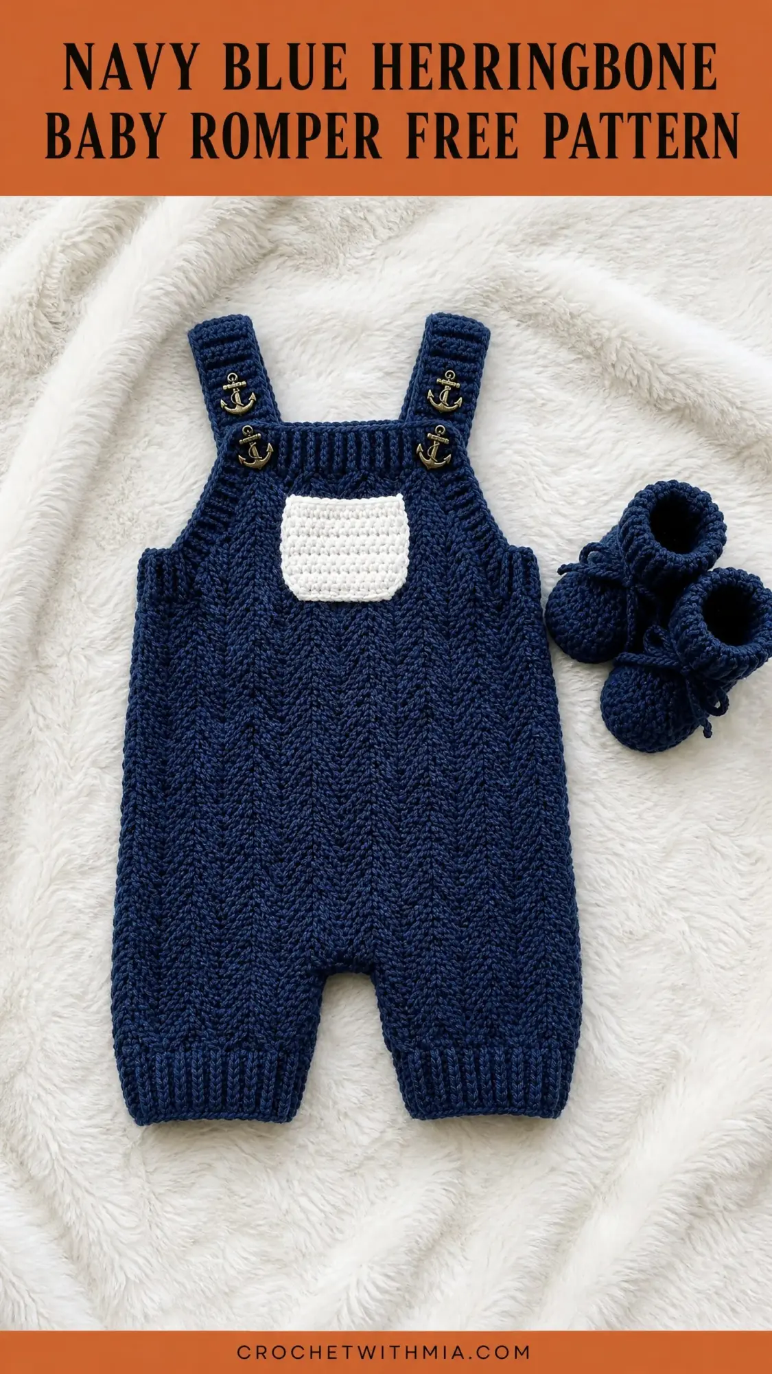 Navy Blue Herringbone Baby Romper Free Crochet Pattern
