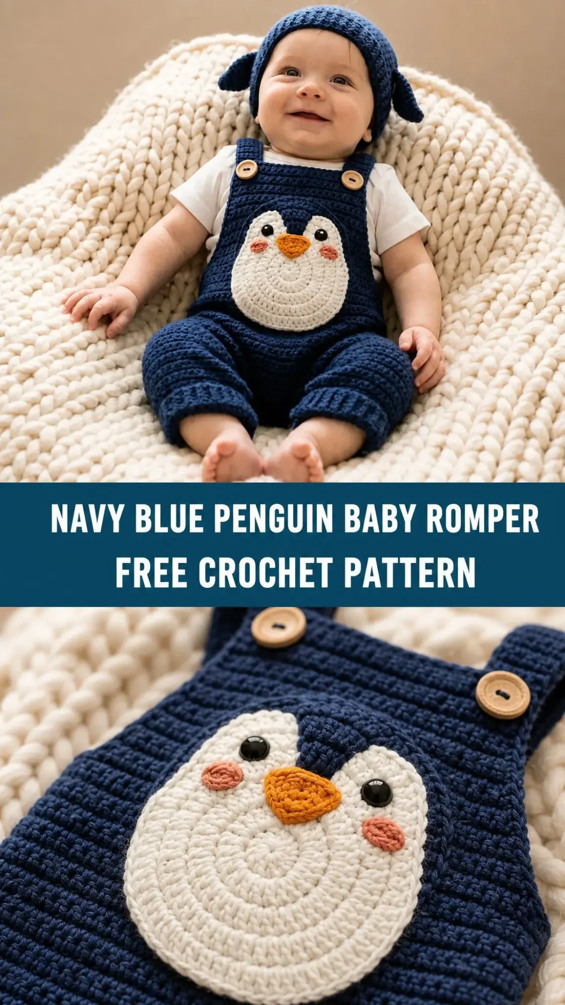Navy Blue Penguin Baby Romper Free Crochet Pattern