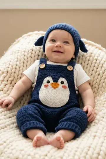 Navy Blue Penguin Baby Romper Free Crochet Pattern