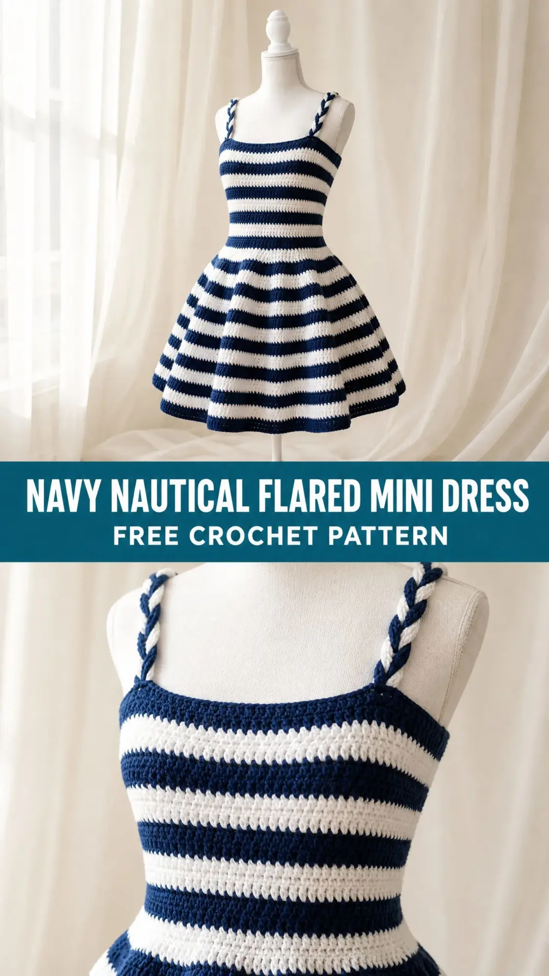 Navy Nautical Flared Mini Dress Free Crochet Pattern