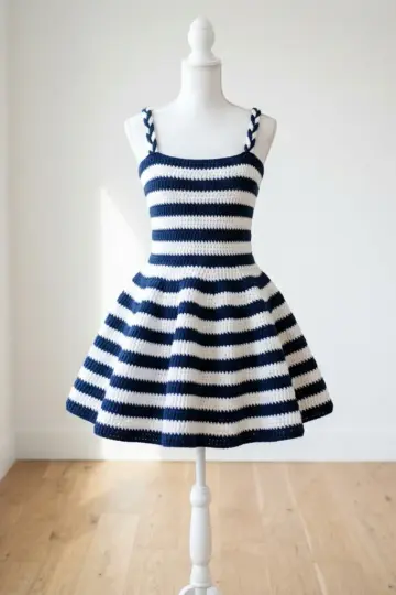 Navy Nautical Flared Mini Dress Free Crochet Pattern