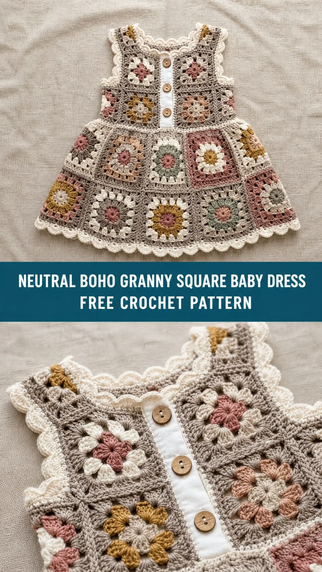 Neutral Boho Granny Square Baby Dress Free Crochet Pattern