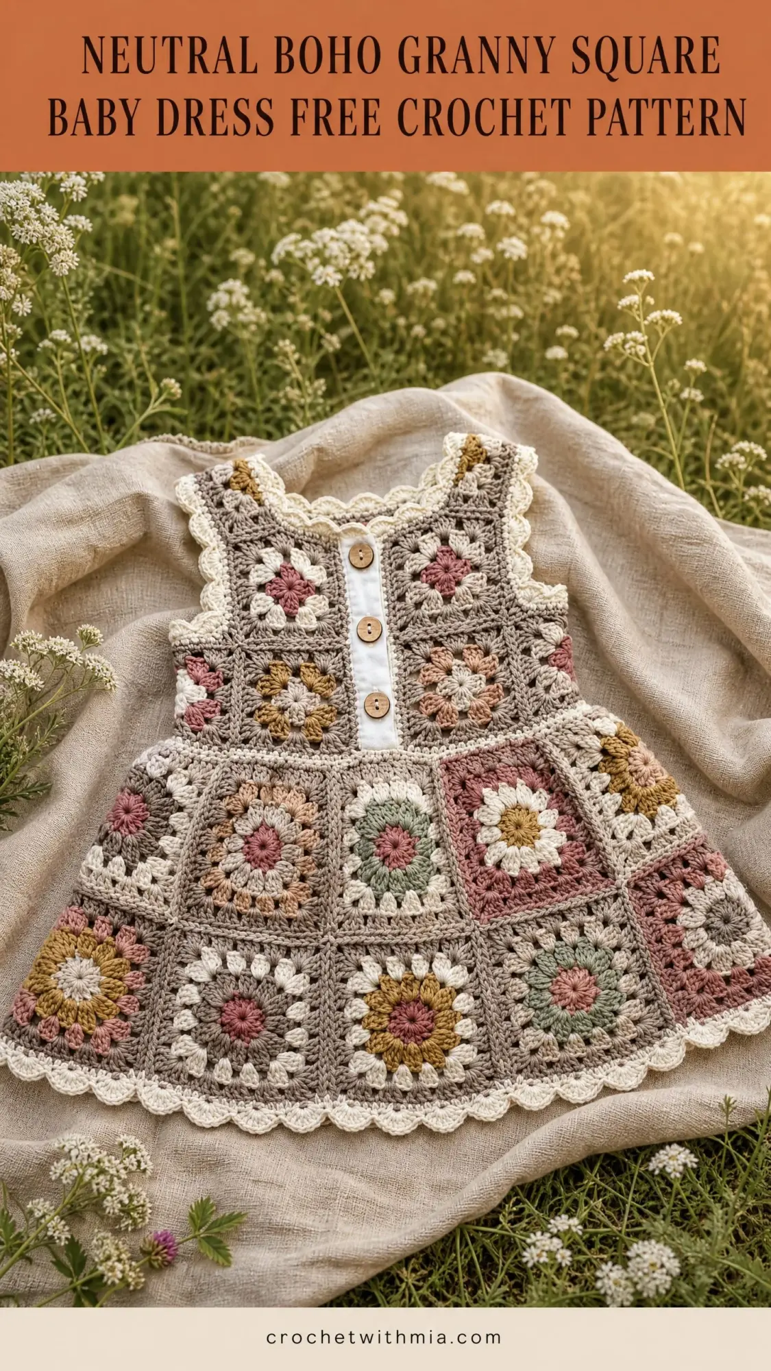 Neutral Boho Granny Square Baby Dress Free Crochet Pattern