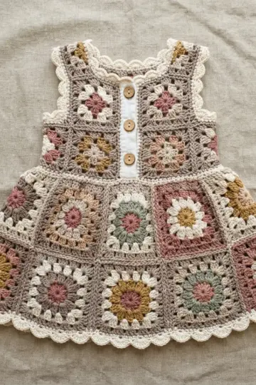 Neutral Boho Granny Square Baby Dress Free Crochet Pattern