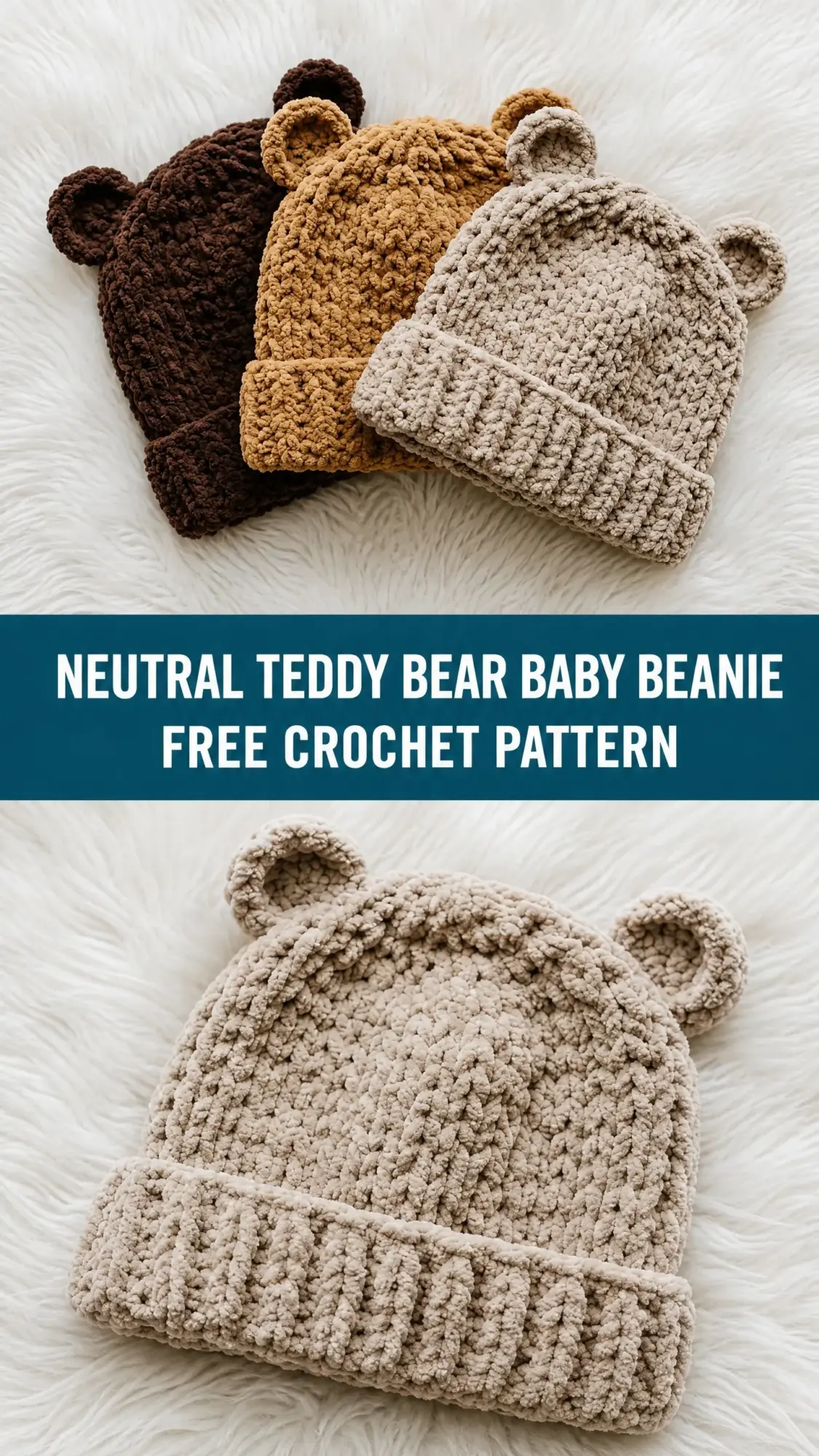 Neutral Teddy Bear Baby Beanie Free Crochet Pattern