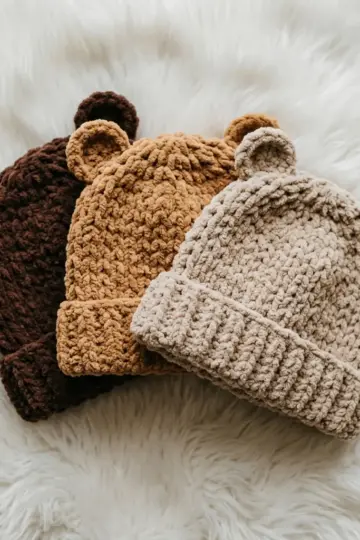 Neutral Teddy Bear Baby Beanie Free Crochet Pattern