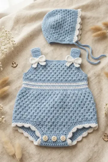 Ocean Blue Baby Romper Set Free Crochet Pattern