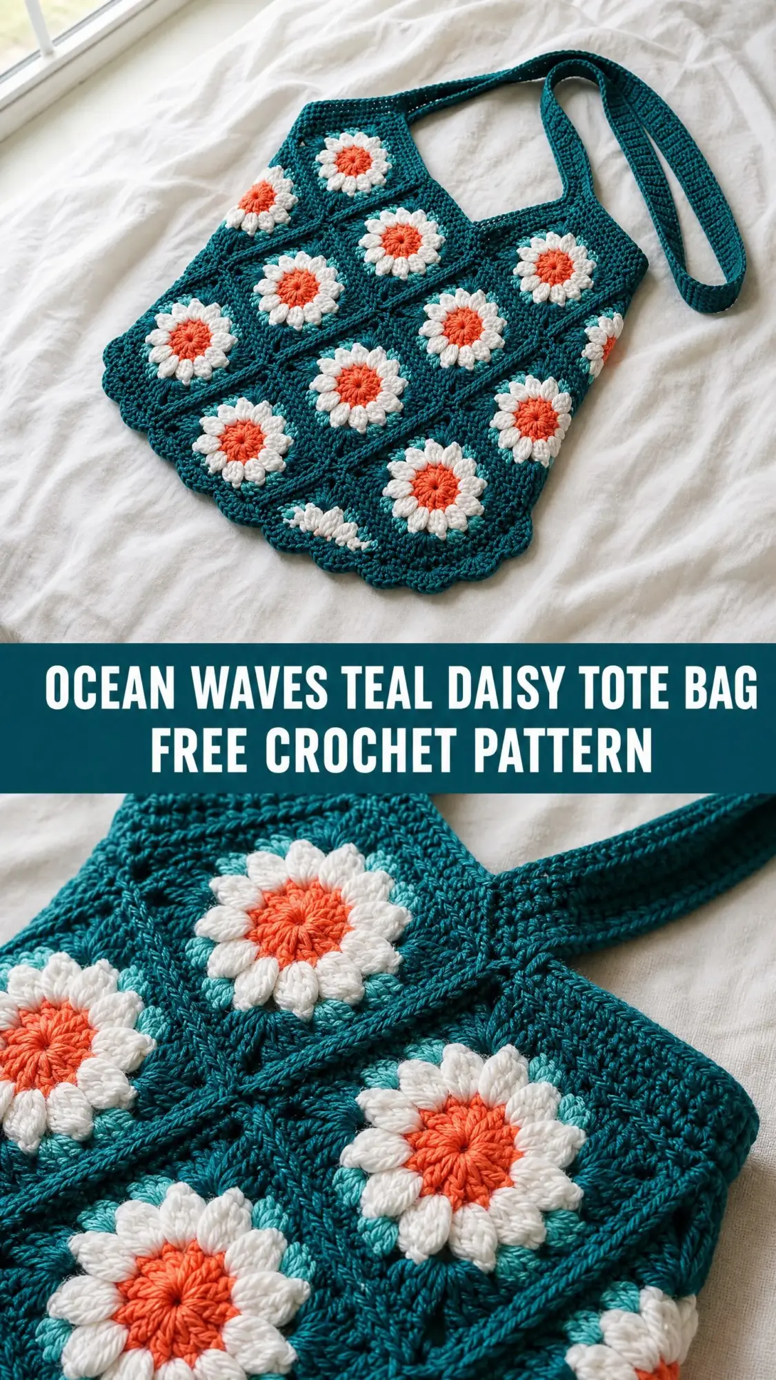 Ocean Waves Teal Daisy Tote Bag Free Crochet Pattern