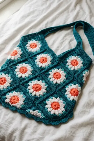 Ocean Waves Teal Daisy Tote Bag Free Crochet Pattern