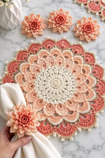 Peach Dahlia Table Set Crochet Pattern