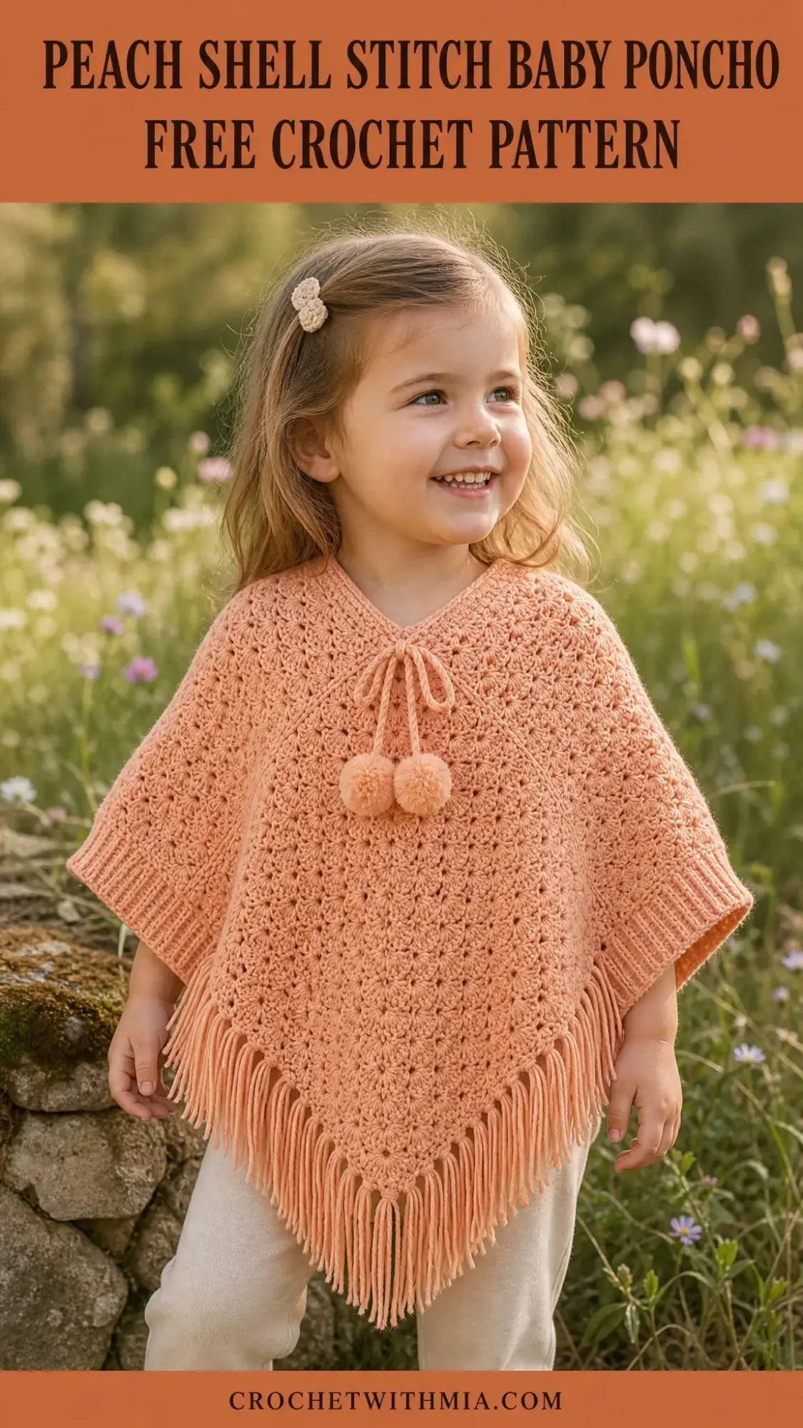 Peach Shell Stitch Baby Poncho Free Crochet Pattern