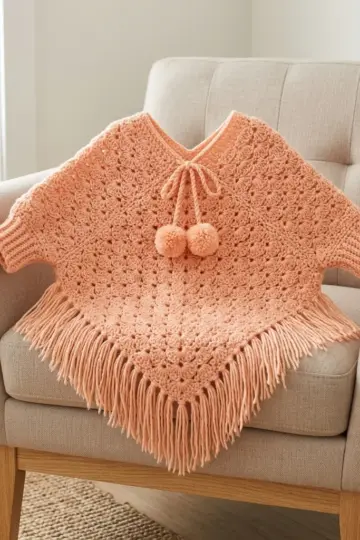 Peach Shell Stitch Baby Poncho Free Crochet Pattern
