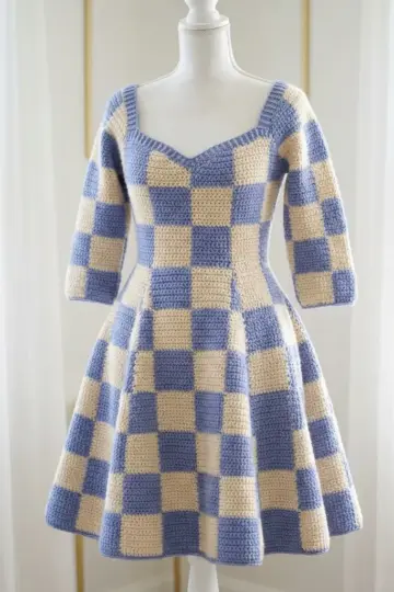 Periwinkle Blue Checkered Crochet Dress Free Pattern