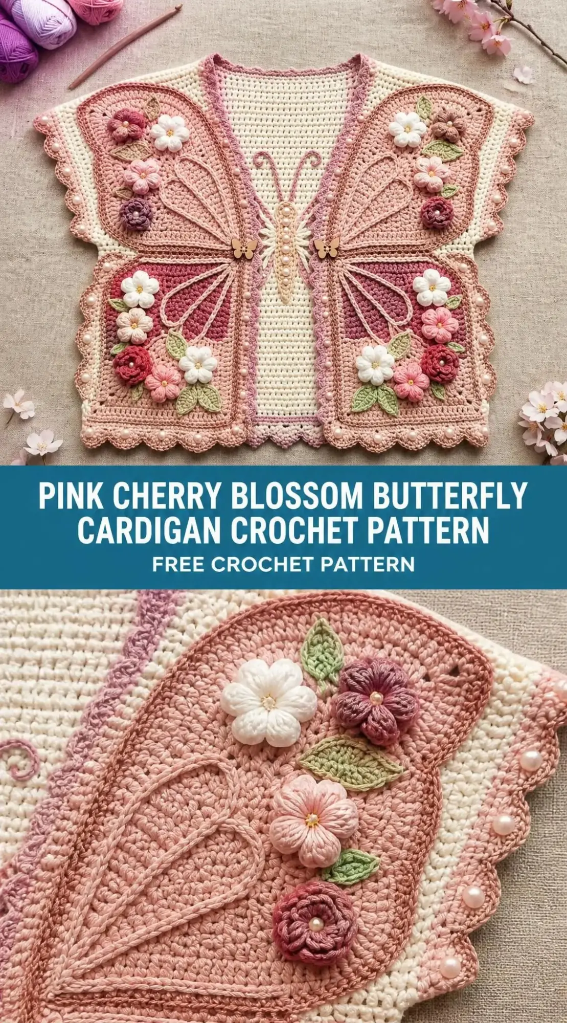 Pink Cherry Blossom Butterfly Cardigan Crochet Pattern