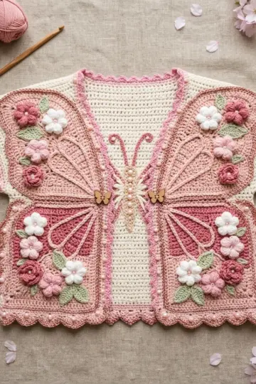 Pink Cherry Blossom Butterfly Cardigan Crochet Pattern