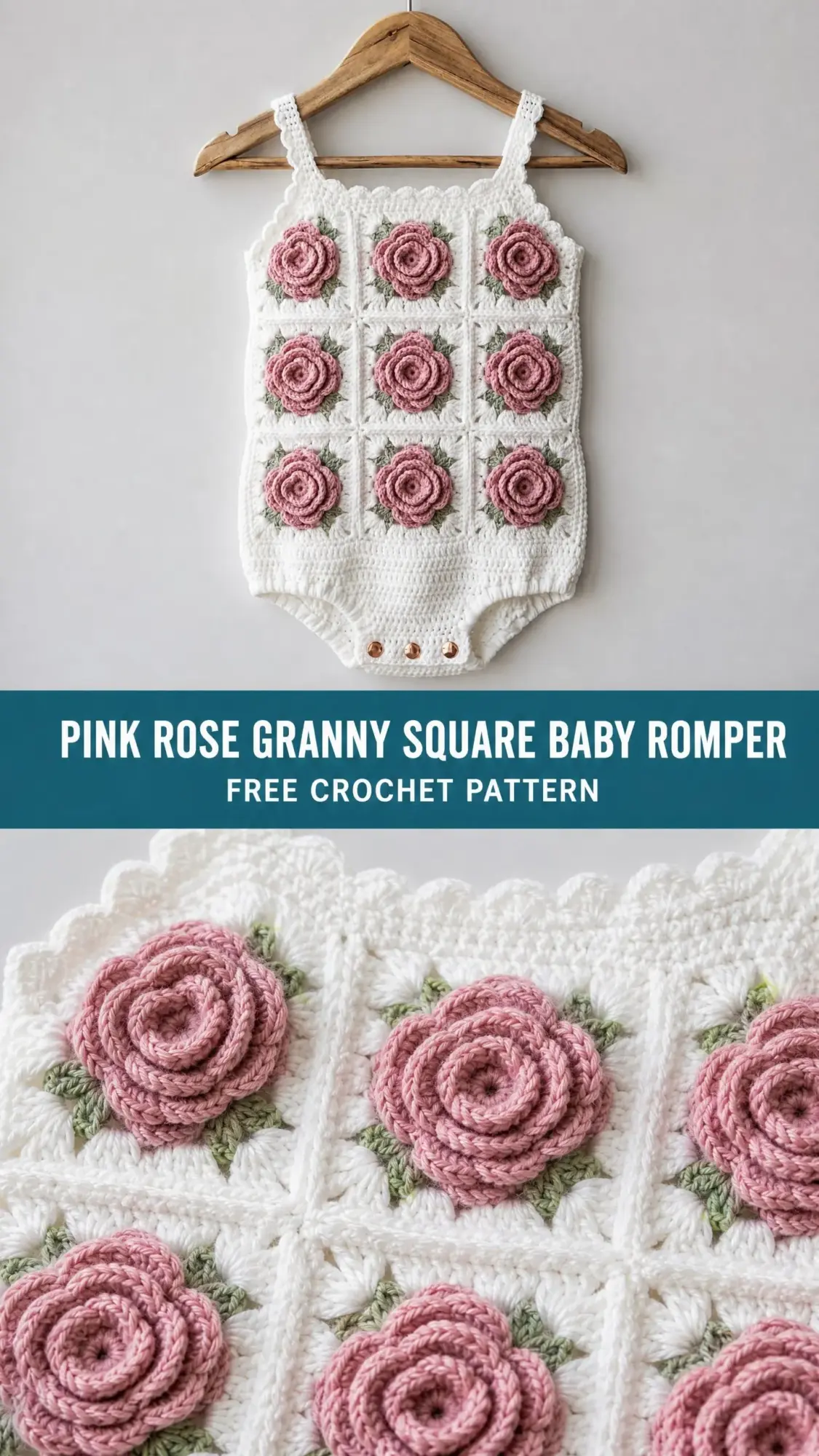 Pink Rose Granny Square Baby Romper Free Crochet Pattern