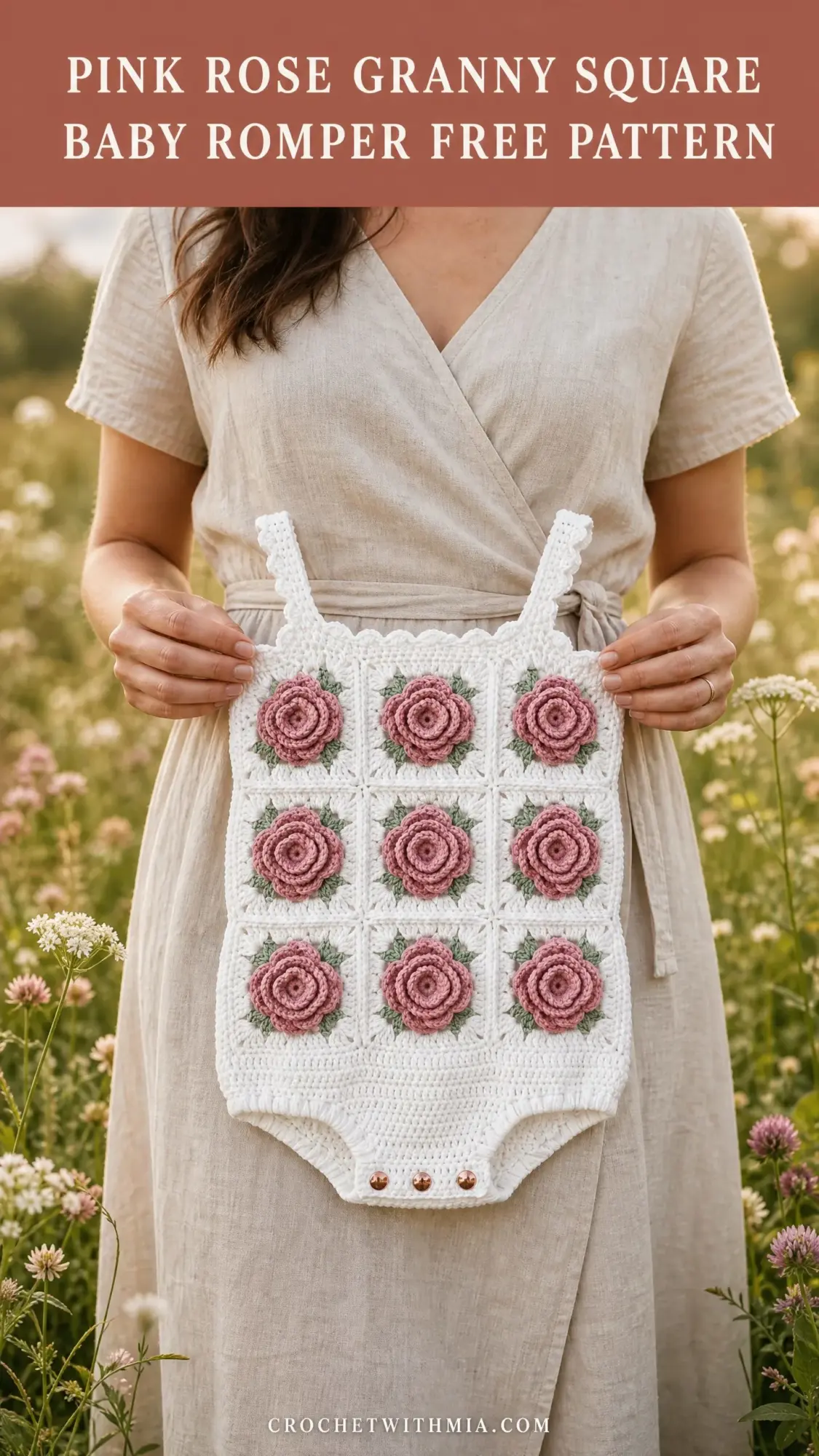 Pink Rose Granny Square Baby Romper Free Crochet Pattern