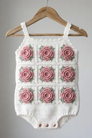Pink Rose Granny Square Baby Romper Free Crochet Pattern