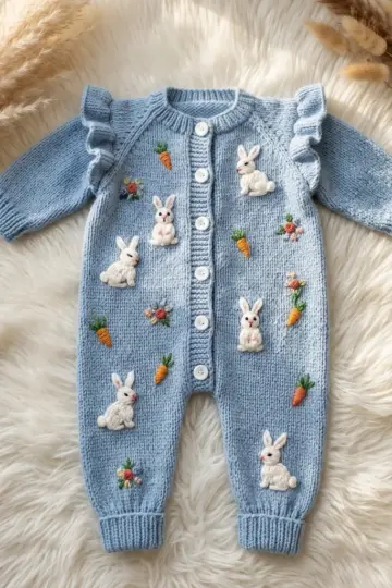 Powder Blue Bunny Baby Romper Free Crochet Pattern