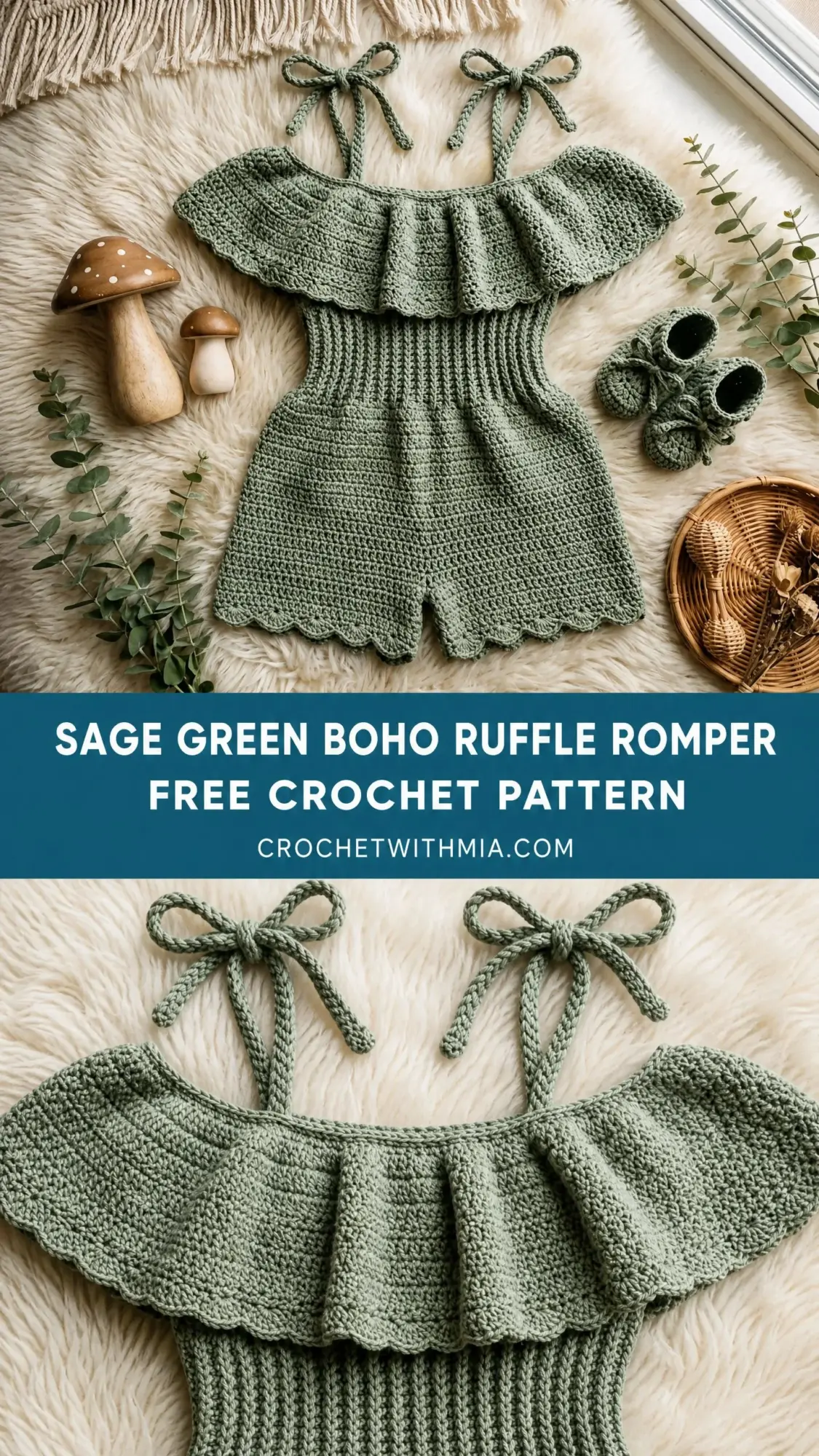 Sage Green Boho Ruffle Romper Free Crochet Pattern