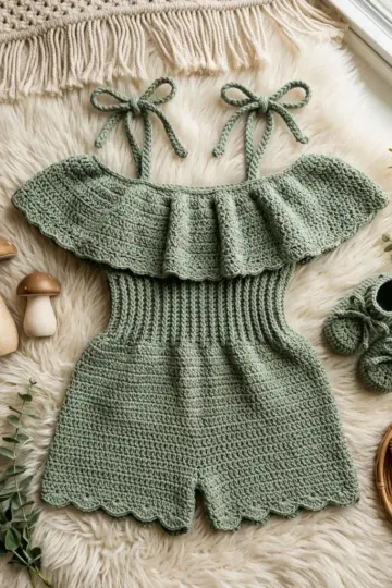 Sage Green Boho Ruffle Romper Free Crochet Pattern