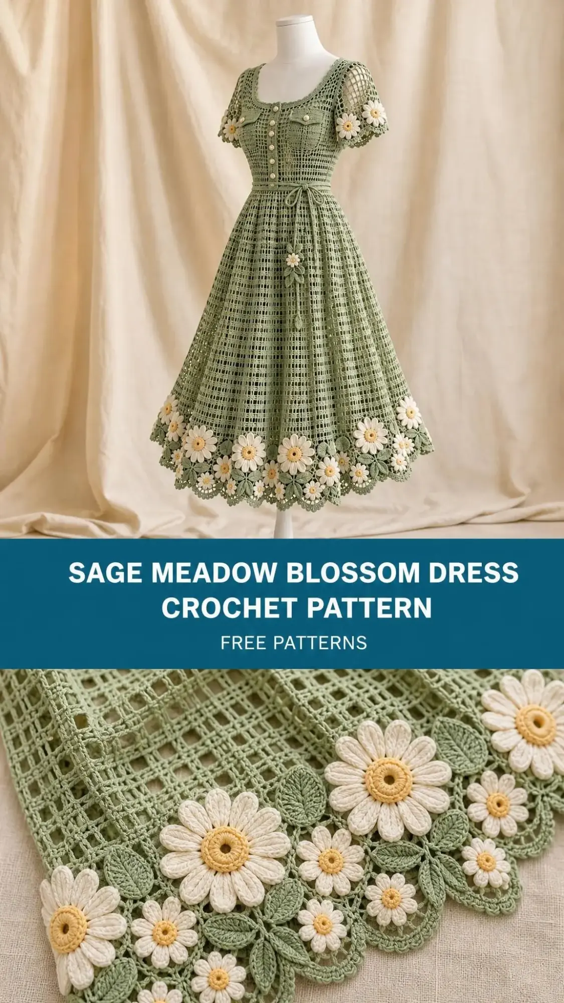 A-line mid-calf crochet dress in sage green featuring scoop neckline, puff sleeves, and floral border details