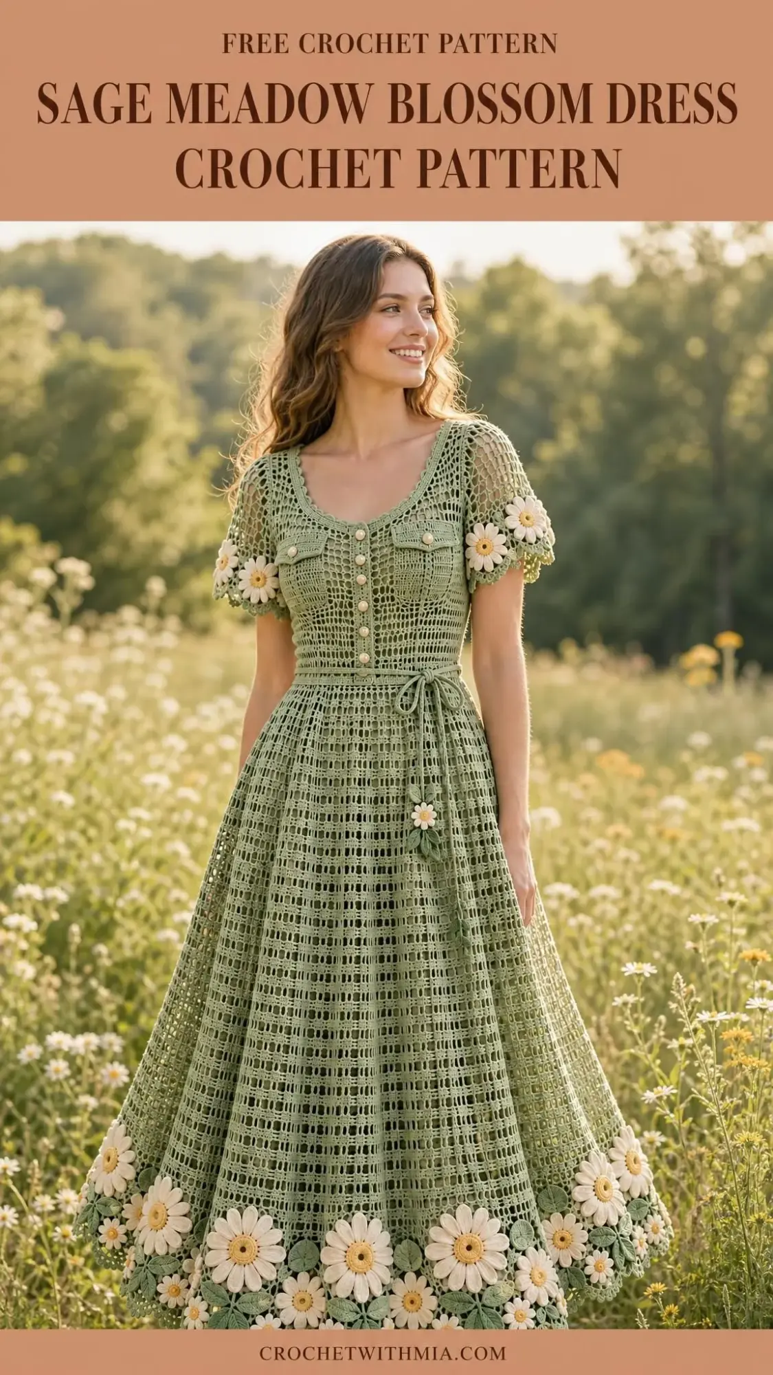 Close-up of sage green openwork crochet fabric with cream and yellow daisy flowers and green leaves at hemline