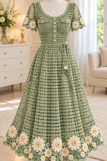 Sage green filet crochet dress on mannequin with cream daisy appliqués around the hem and short sleeves