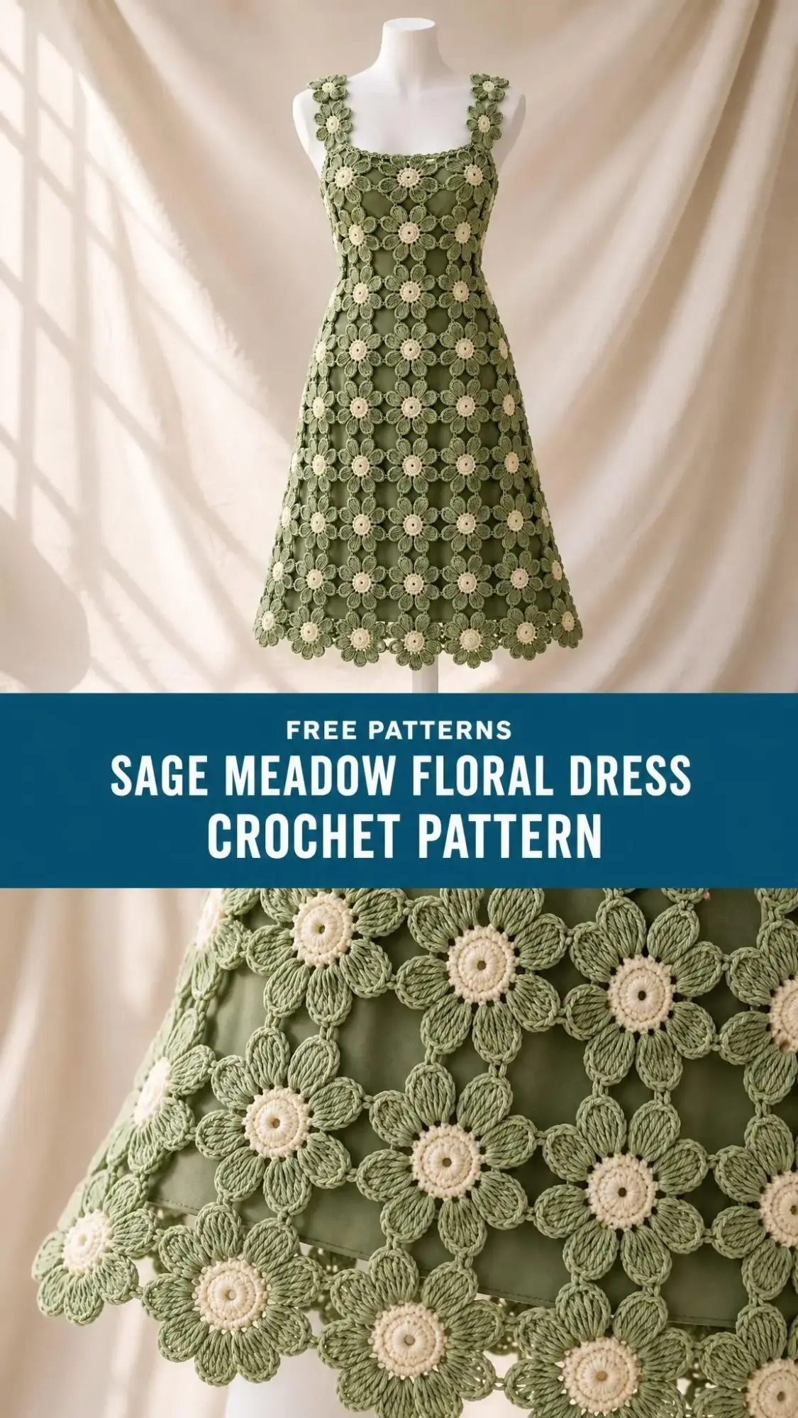 Close-up of eight-petal sage green crochet flowers with cream centers joined in horizontal bands forming dress bodice