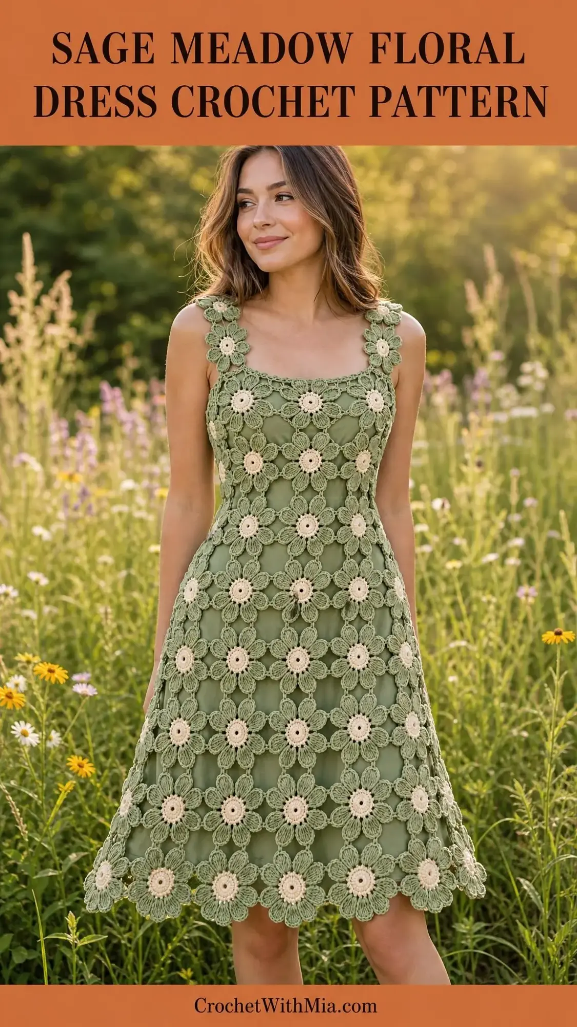 Full-length sage meadow floral crochet dress featuring scalloped hem and wide shoulder straps in soft natural lighting