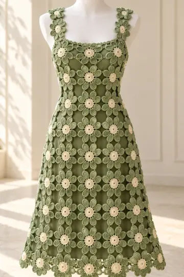 Sage green crochet floral dress with cream flower centers displayed on white mannequin showing A-line silhouette and lattice construction