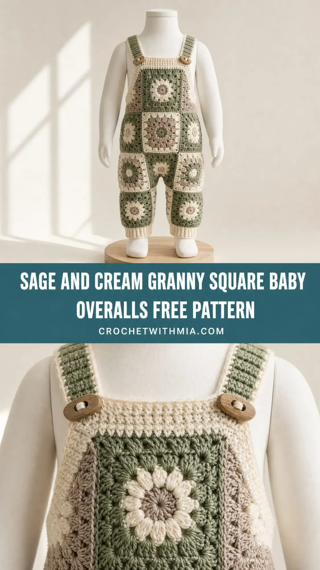Sage and Cream Granny Square Baby Overalls Free Pattern