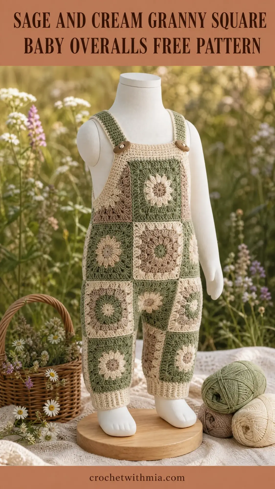 Sage and Cream Granny Square Baby Overalls Free Pattern