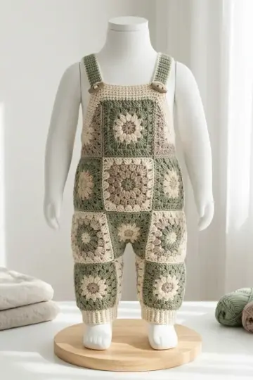 Sage and Cream Granny Square Baby Overalls Free Pattern