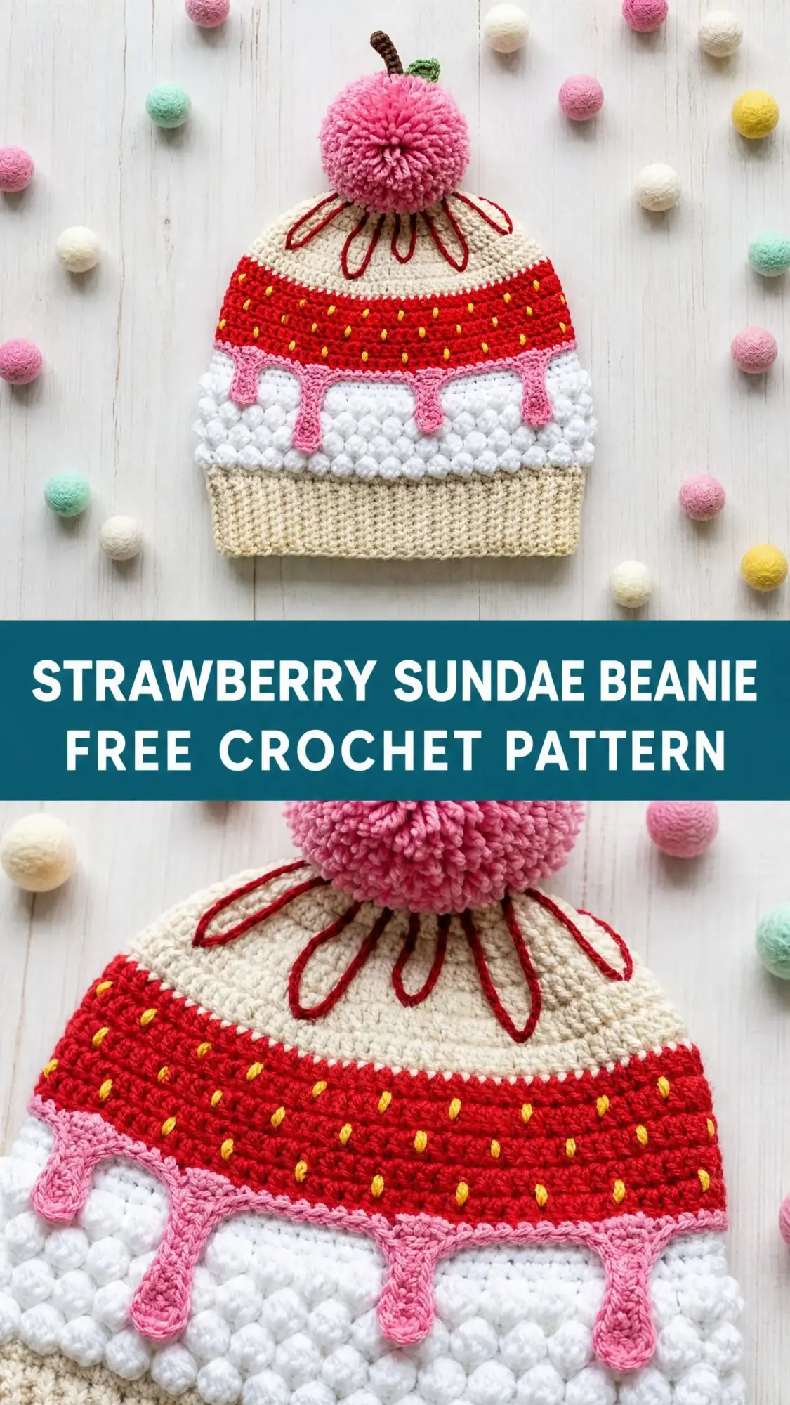 Strawberry Sundae Beanie Free Crochet Pattern