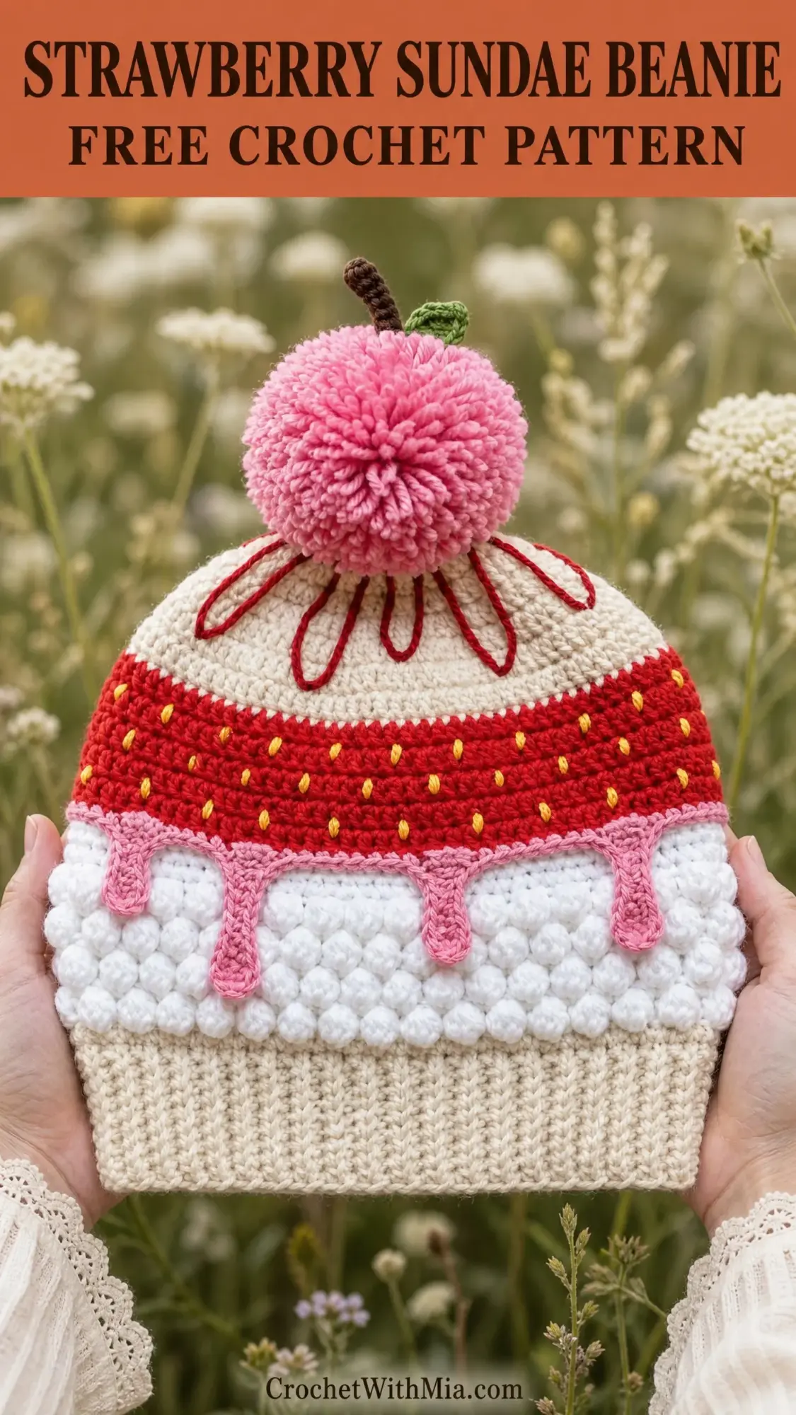 Strawberry Sundae Beanie Free Crochet Pattern