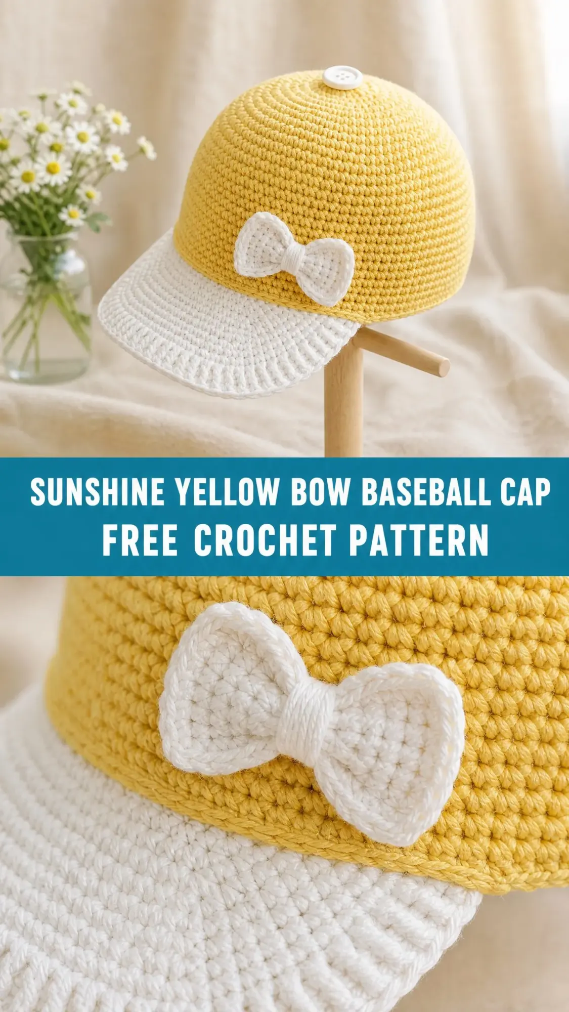 Sunshine Yellow Bow Baseball Cap Free Crochet Pattern