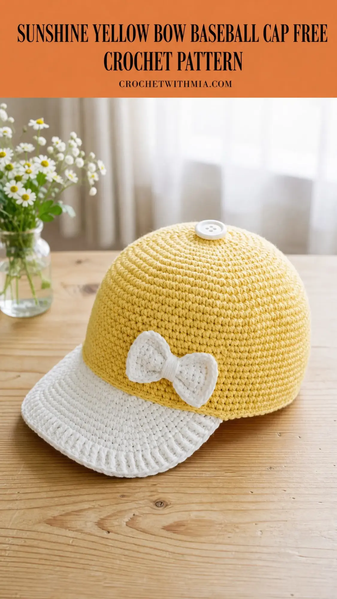Sunshine Yellow Bow Baseball Cap Free Crochet Pattern