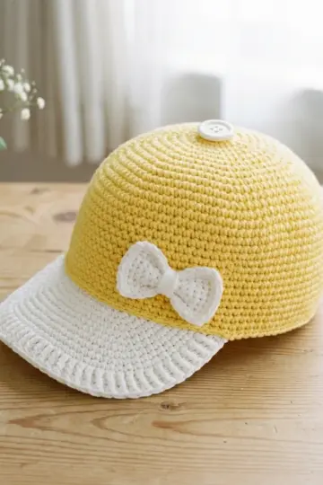 Sunshine Yellow Bow Baseball Cap Free Crochet Pattern