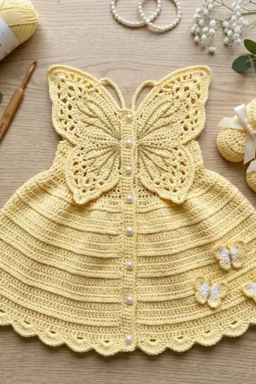 Sunshine Yellow Butterfly Baby Dress Free Crochet Pattern