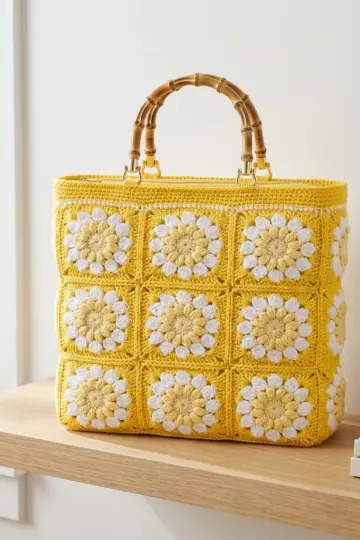 Sunshine Yellow Floral Granny Bag Free Crochet Pattern