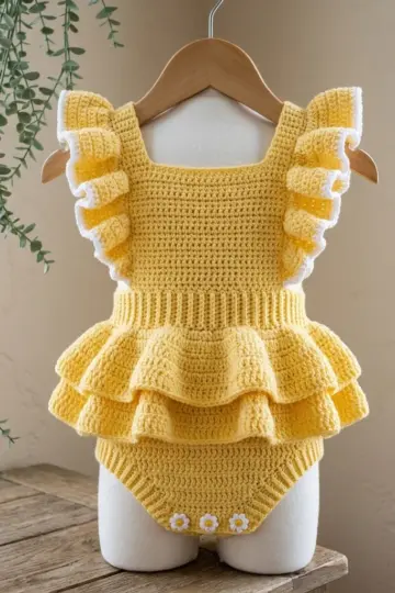 Sunshine Yellow Ruffle Baby Romper Free Crochet Pattern