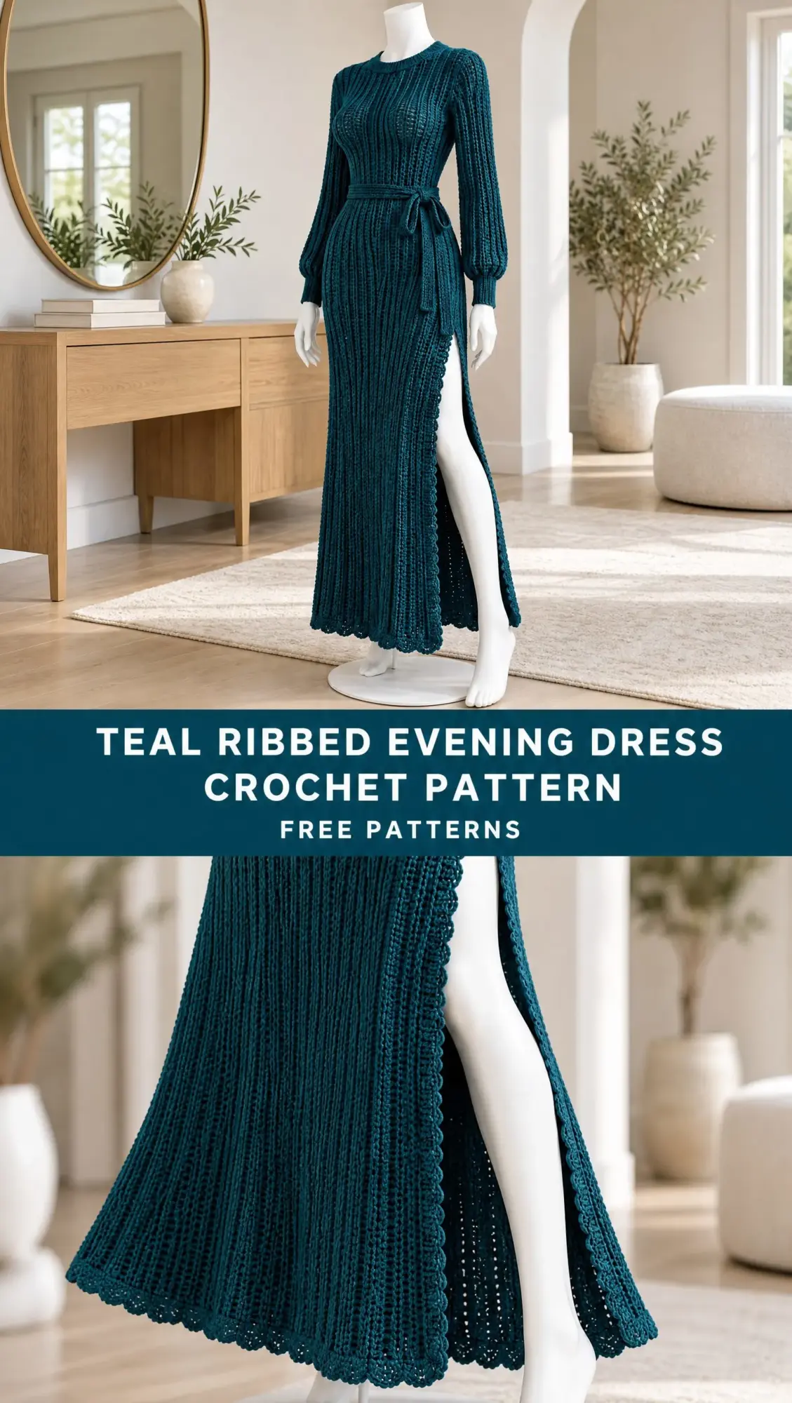 Full length deep teal crocheted dress with ribbed post stitch pattern, scalloped hem, and matching belt tied at waist