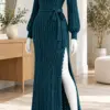 Teal ribbed crochet evening dress on mannequin showing vertical texture, long sleeves, belted waist, and high side slit