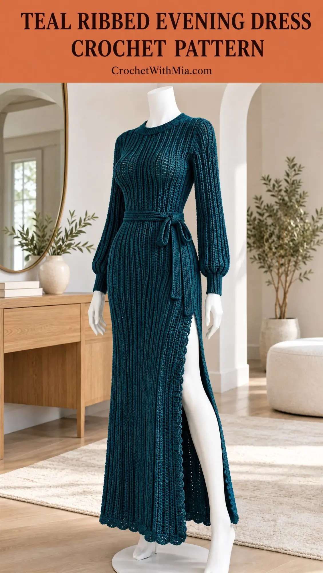 Close view of elegant ankle-length teal crochet dress displaying textured ribbing, fitted silhouette, and dramatic leg slit