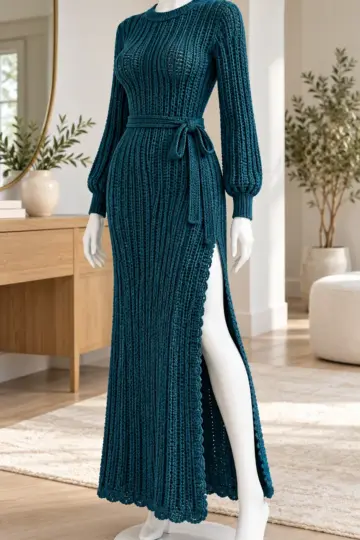 Teal ribbed crochet evening dress on mannequin showing vertical texture, long sleeves, belted waist, and high side slit