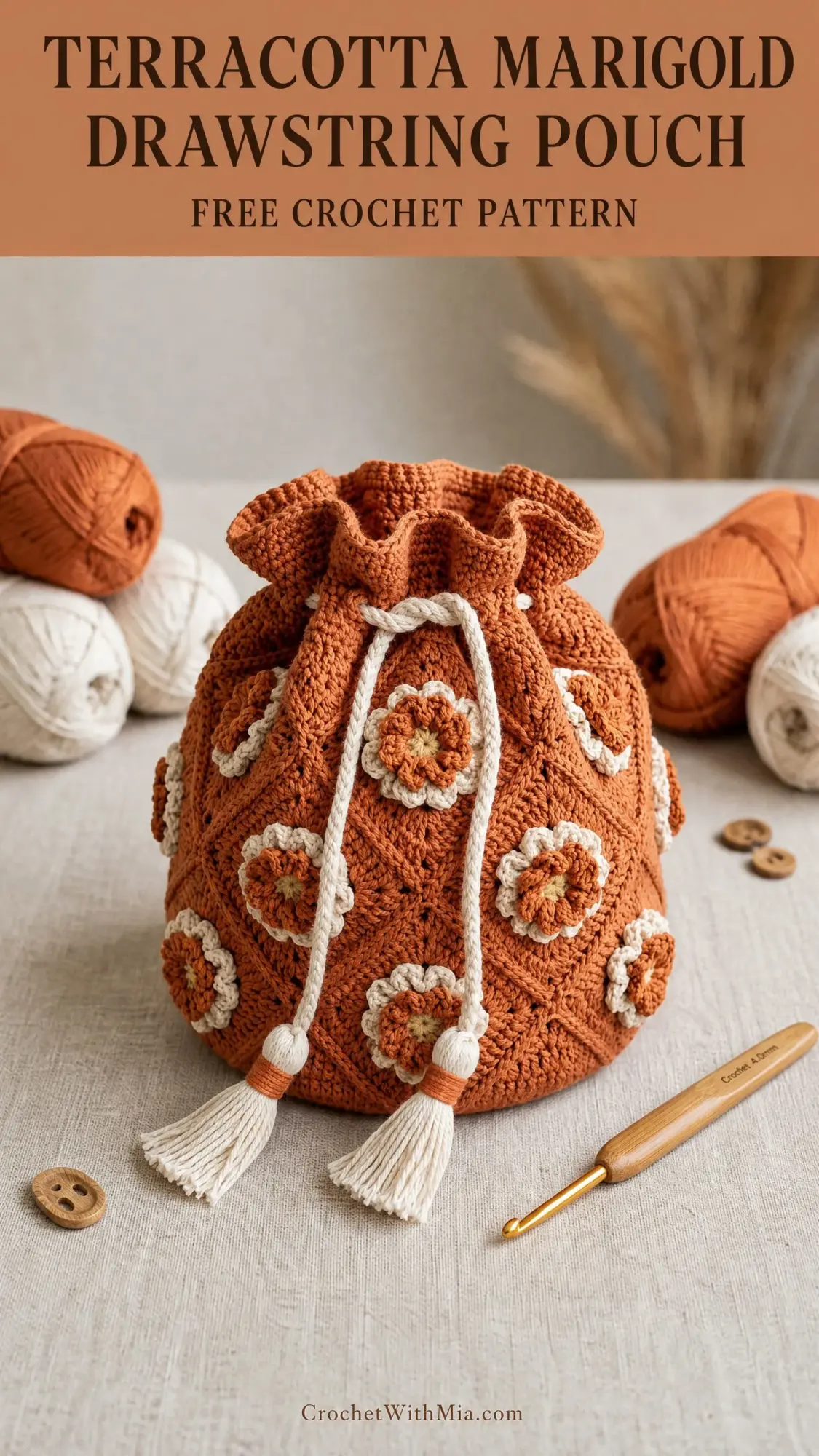 Terracotta Marigold Drawstring Pouch Free Crochet Pattern