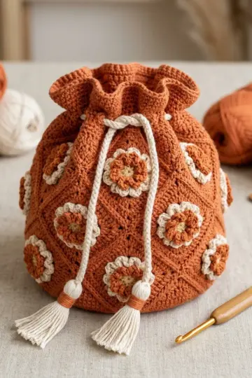 Terracotta Marigold Drawstring Pouch Free Crochet Pattern